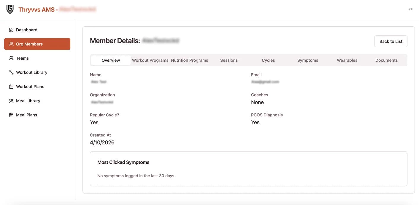 Athlete member detail page in Thryvvs AMS