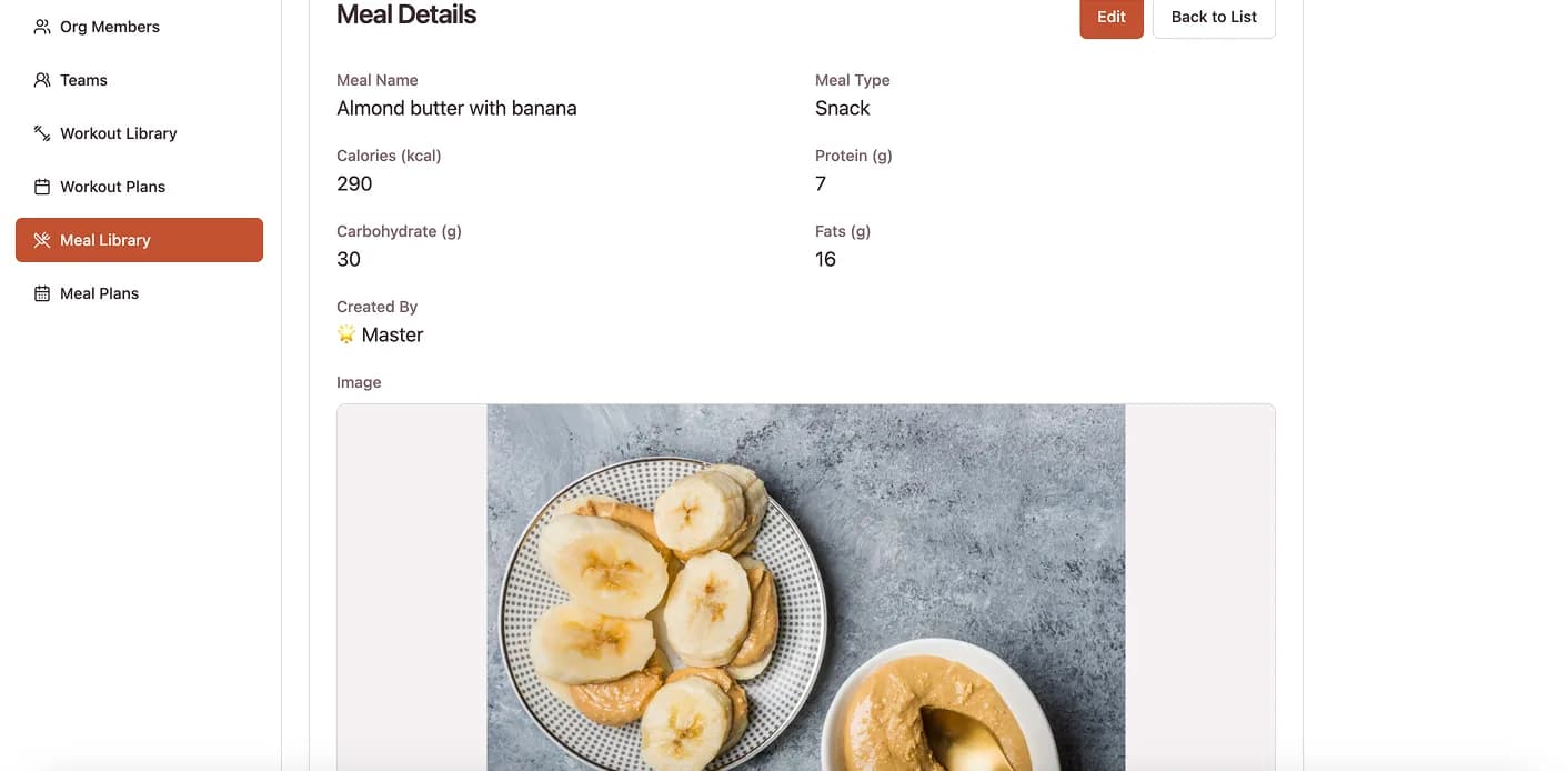 Meal detail view with macros and image