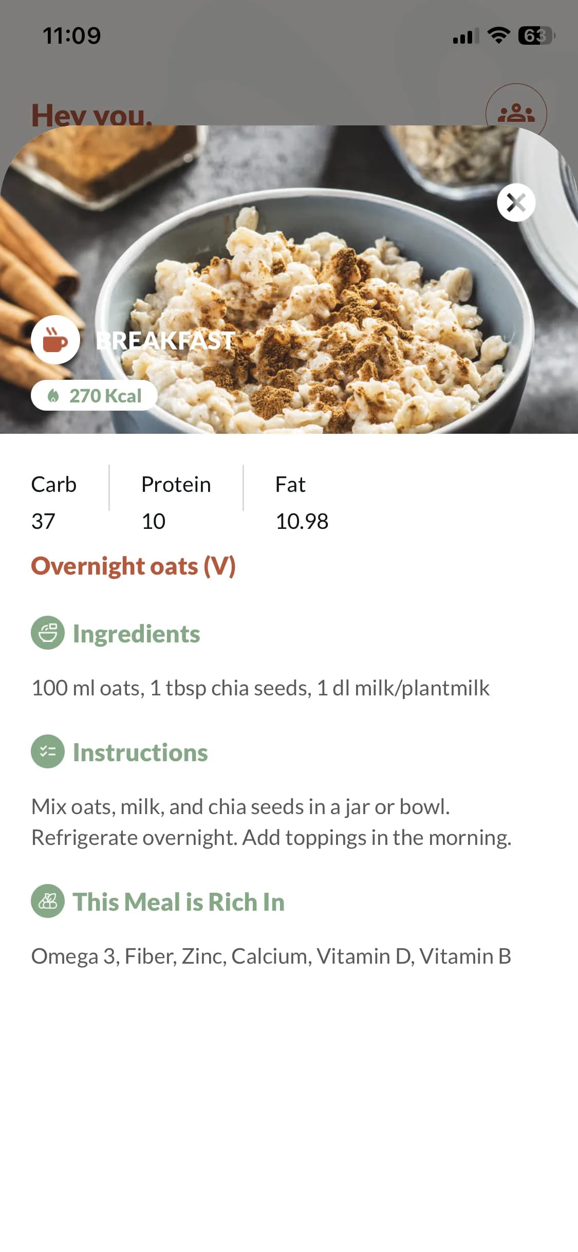 Thryvvs mobile app — meal detail with ingredients and nutrition