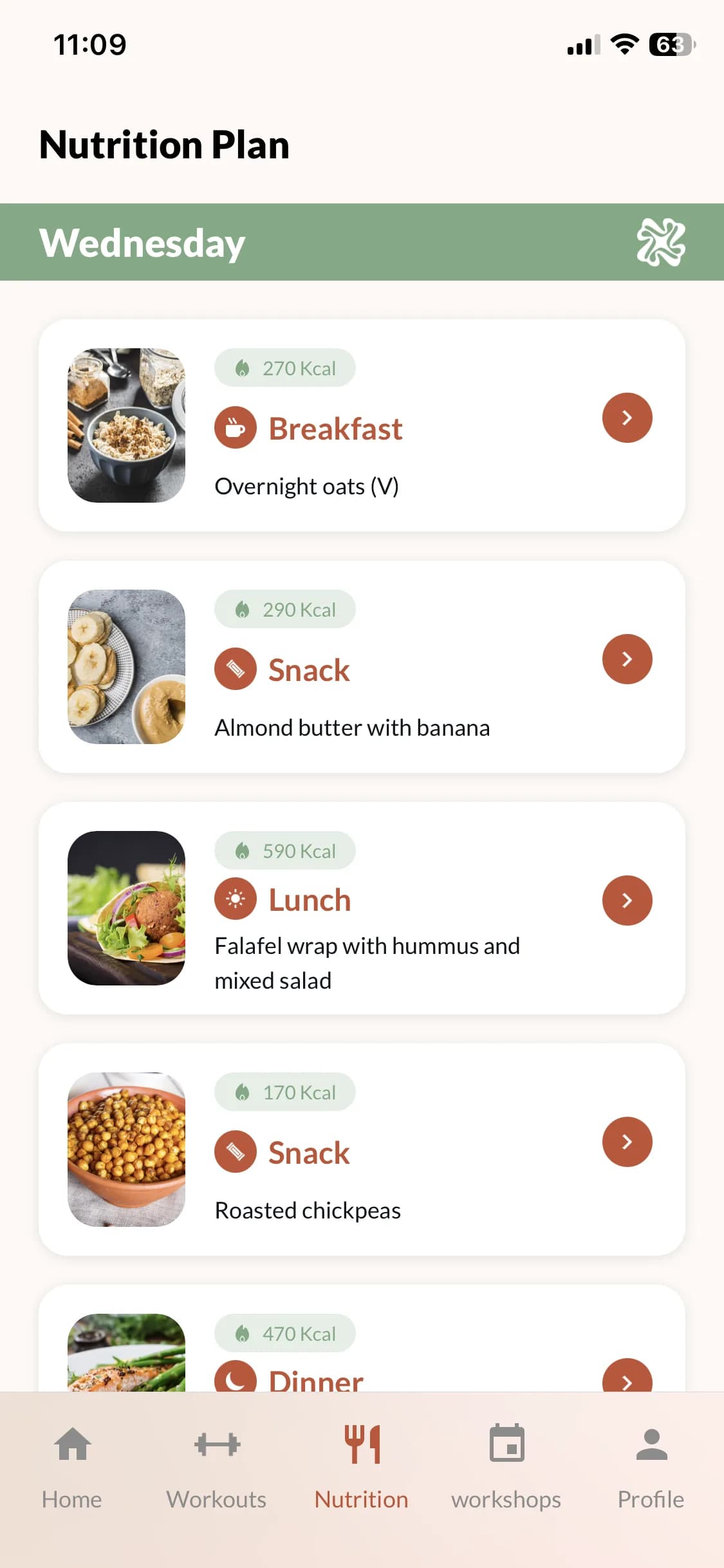 Thryvvs mobile app — daily nutrition plan organised by cycle day