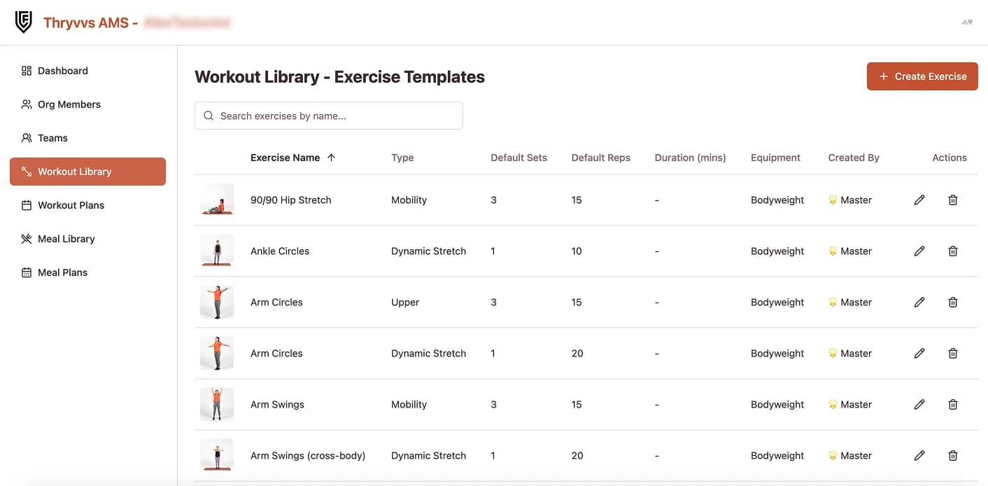 Workout exercise library in Thryvvs AMS