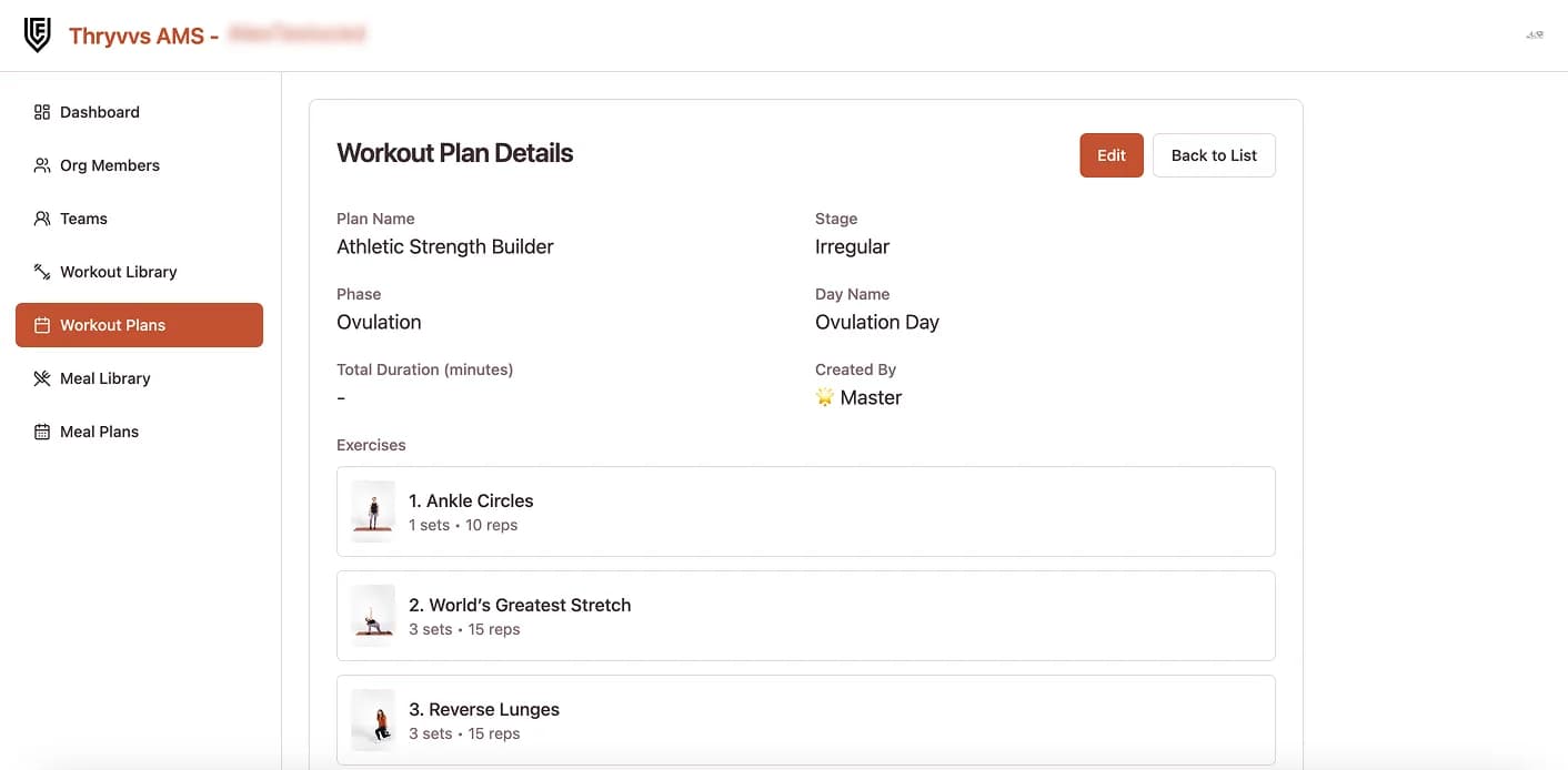 Workout plan detail with ordered exercises