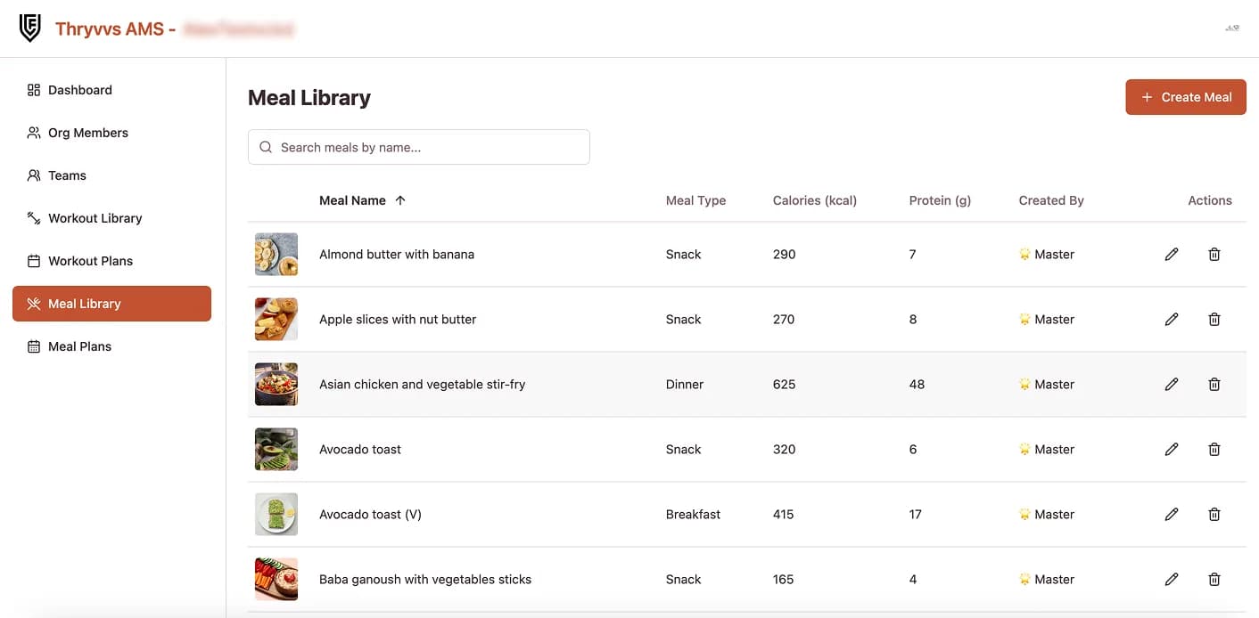 Meal library with calories and protein
